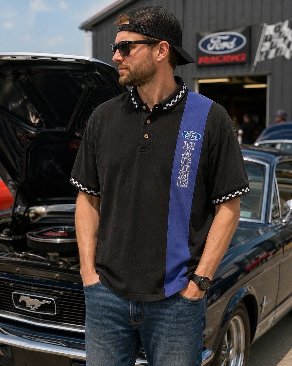 Ford Racing Polo Shirt Mens 2XL Black Embroidered Logo Motorsports NASCAR